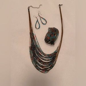 Handcrafted beaded necklace, earring and bracelet set